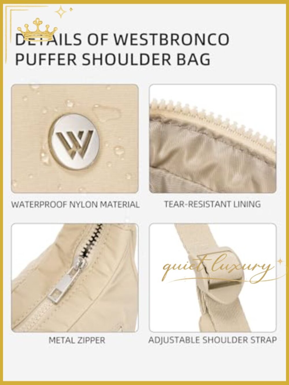 Small Puffer Crescent Shoulder Bag Nylon Quilted Purse Adjustable Strap - Picture 5 of 7